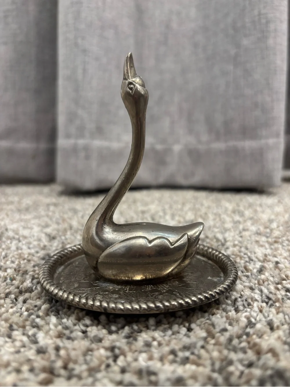 Vintage 1970s Silver-Plated Swan Ring Holder Jewelry Dish Vanity Decor